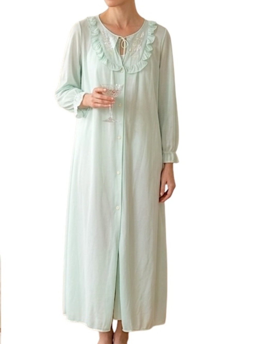Vintage Mint Green Ruffle Embroidered Button Front Maxi Robe